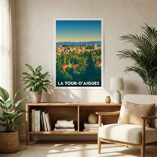 Affiche souvenir de la ville de La Tour-d'Aigues avec une illustration stylisée.