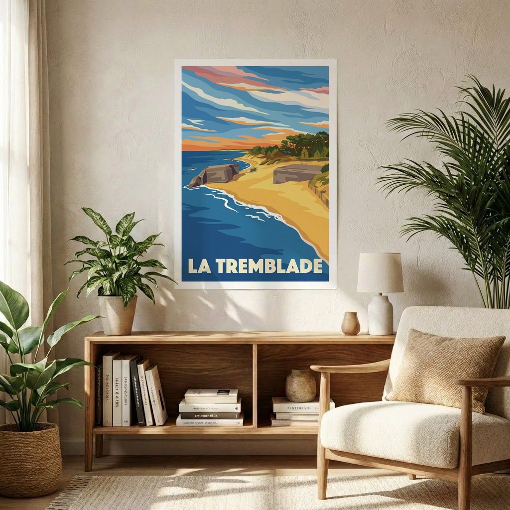 Affiche souvenir de la ville de La Tremblade avec une illustration stylisée de son littoral.