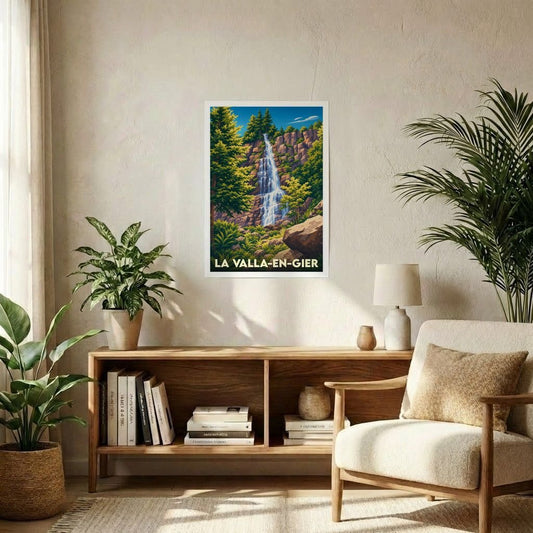 Affiche souvenir de la ville de La Valla-en-Gier avec une illustration stylisée d'une cascade en forêt.