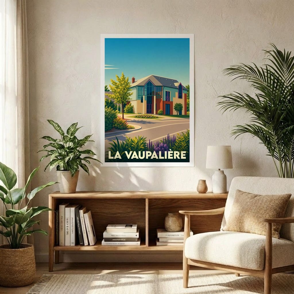 Affiche souvenir de la ville de La Vaupalière avec une illustration stylisée d'une maison moderne dans un cadre verdoyant.