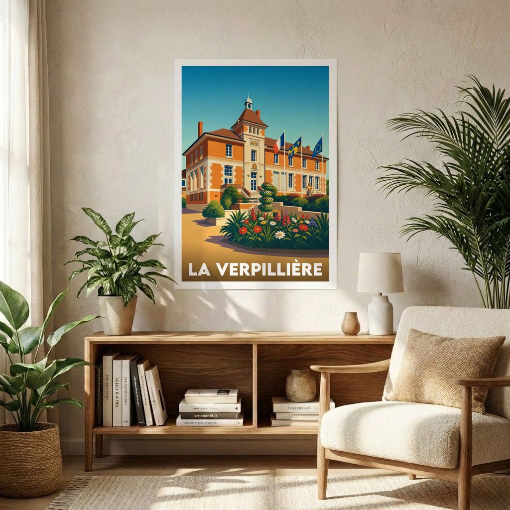 Affiche souvenir de la ville de La Verpillière avec une illustration stylisée de son hôtel de ville.