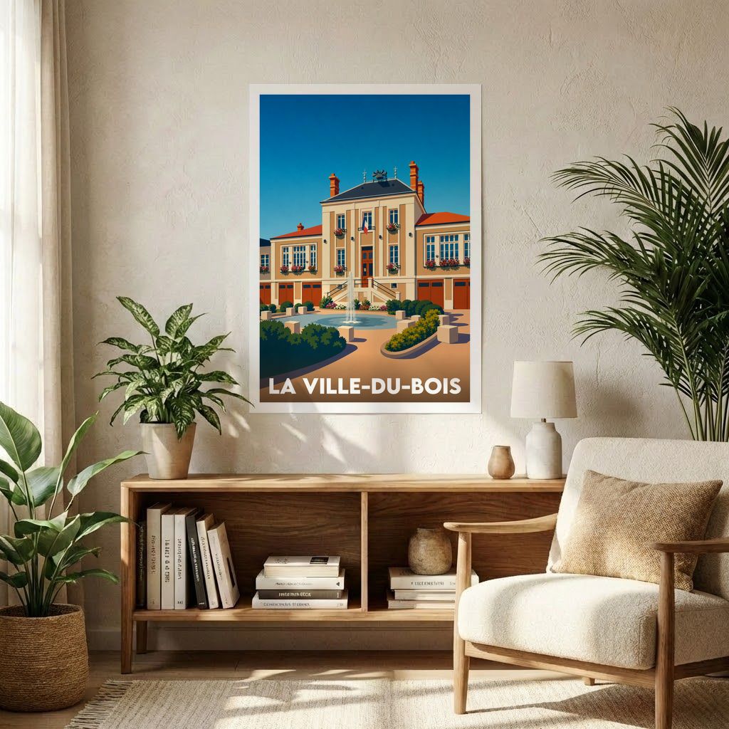 Affiche souvenir de la ville de La Ville-du-Bois avec une illustration stylisée de son hôtel de ville.