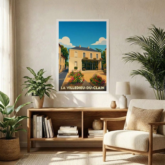 Affiche souvenir de la ville de La Villedieu-du-Clain avec une illustration stylisée et colorée.