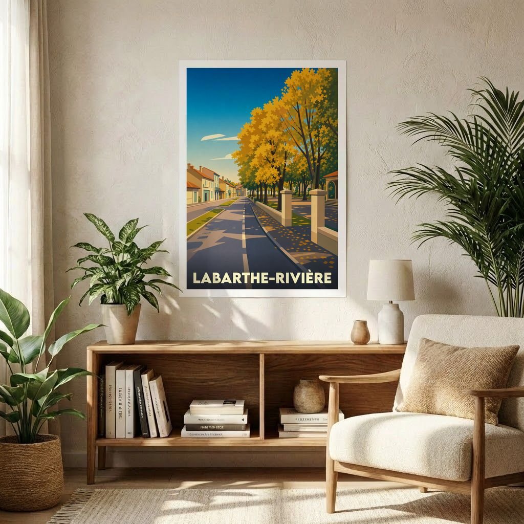 Affiche souvenir de la ville de Labarthe-Rivière avec une illustration stylisée d'une rue bordée d'arbres en automne.