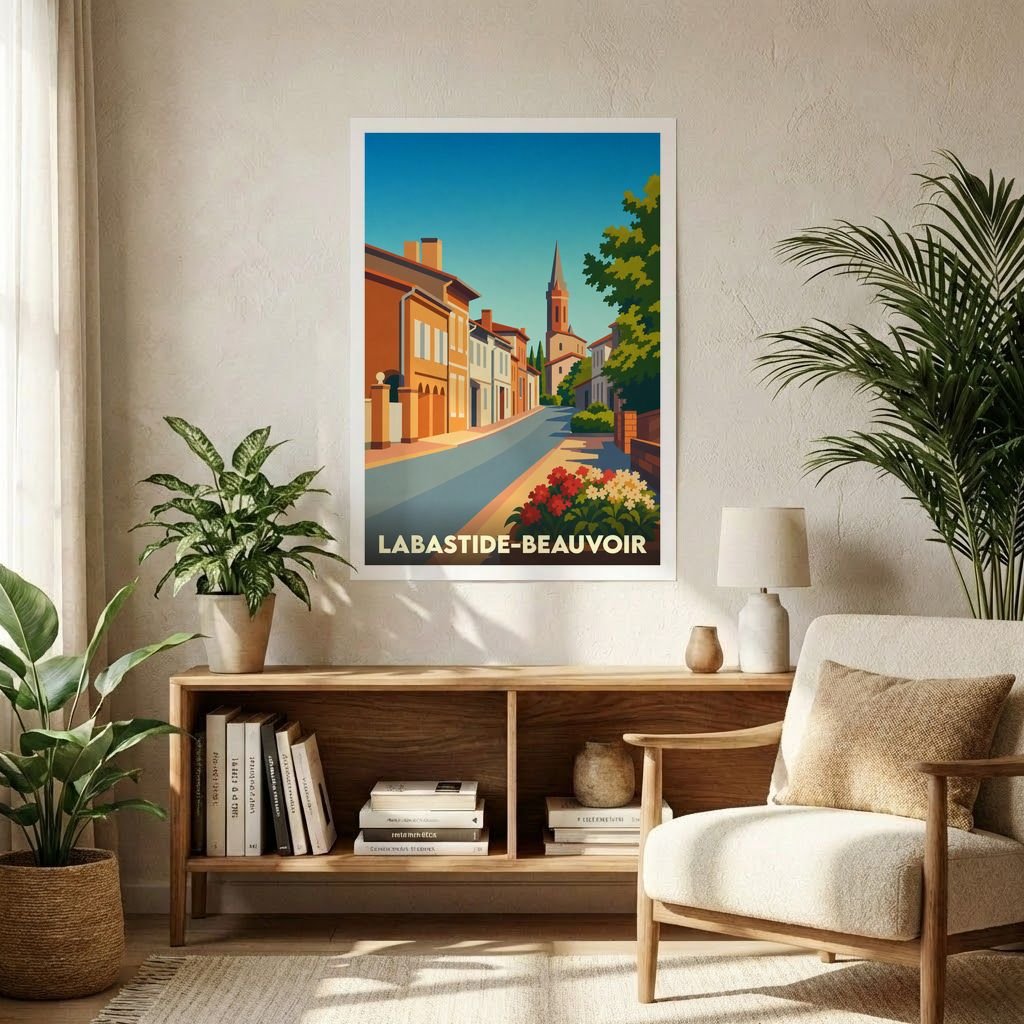 Affiche souvenir de la ville de Labastide-Beauvoir avec une illustration stylisée d'une rue ensoleillée menant à un clocher.
