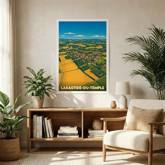 Affiche souvenir de la ville de Labastide-du-Temple avec une illustration panoramique et stylisée de ses paysages.