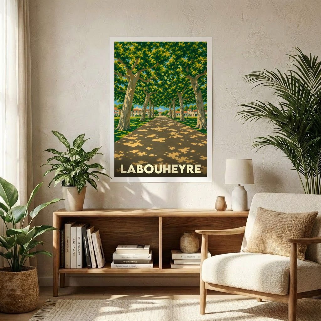 Affiche souvenir de la ville de Labouheyre avec une illustration stylisée d'une allée d'arbres.