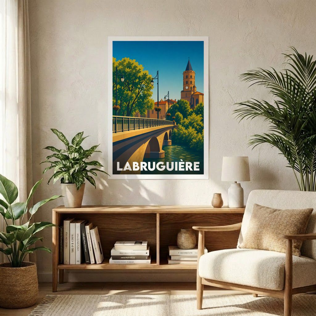 Affiche souvenir de la ville de Labruguière avec une illustration stylisée d'un pont et d'une église.