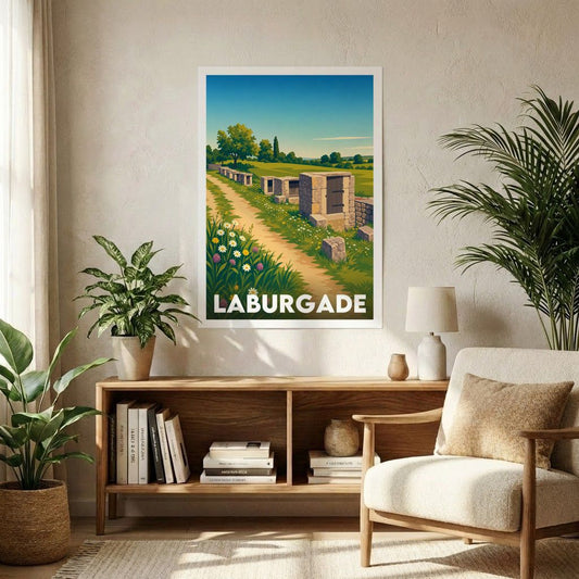 Affiche souvenir de la ville de Laburgade avec une illustration stylisée d'un paysage de campagne.
