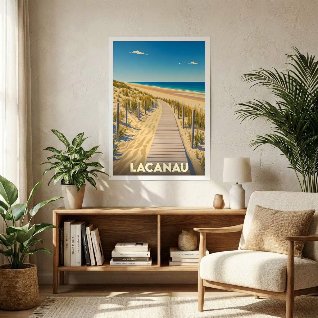Affiche souvenir de la ville de Lacanau représentant un chemin de planches traversant les dunes vers l’océan.
