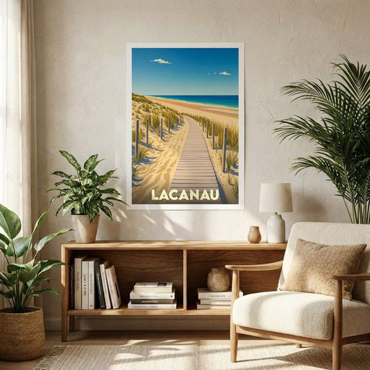 Affiche souvenir de la ville de Lacanau représentant un chemin de planches traversant les dunes vers l’océan.