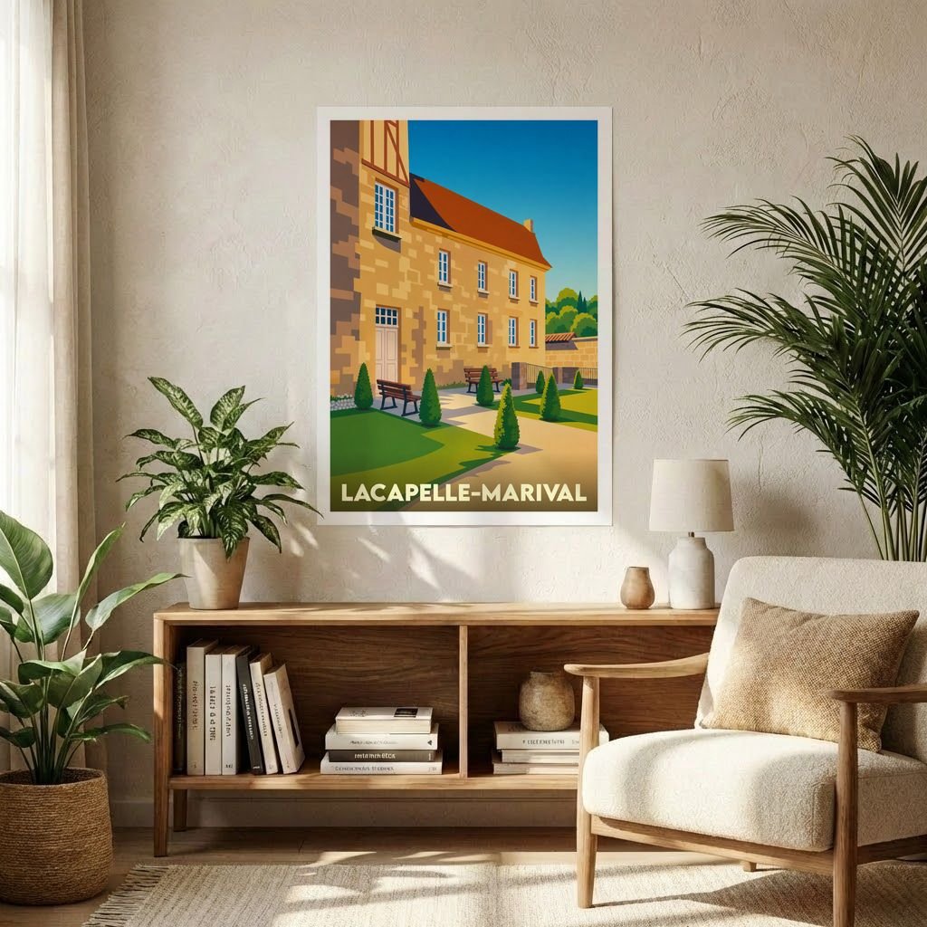 Affiche souvenir de la ville de Lacapelle-Marival avec une illustration stylisée d'un bâtiment historique et de ses jardins.