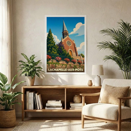 Affiche souvenir de la ville de Lachapelle-aux-Pots avec une illustration stylisée de son église sous un ciel azur.