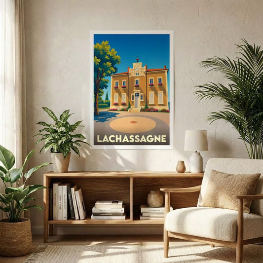 Affiche souvenir de la ville de Lachassagne représentant son château dans un style graphique épuré et coloré.