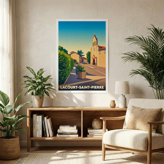 Affiche souvenir de la ville de Lacourt-Saint-Pierre avec une illustration stylisée d'une rue ensoleillée et son église.