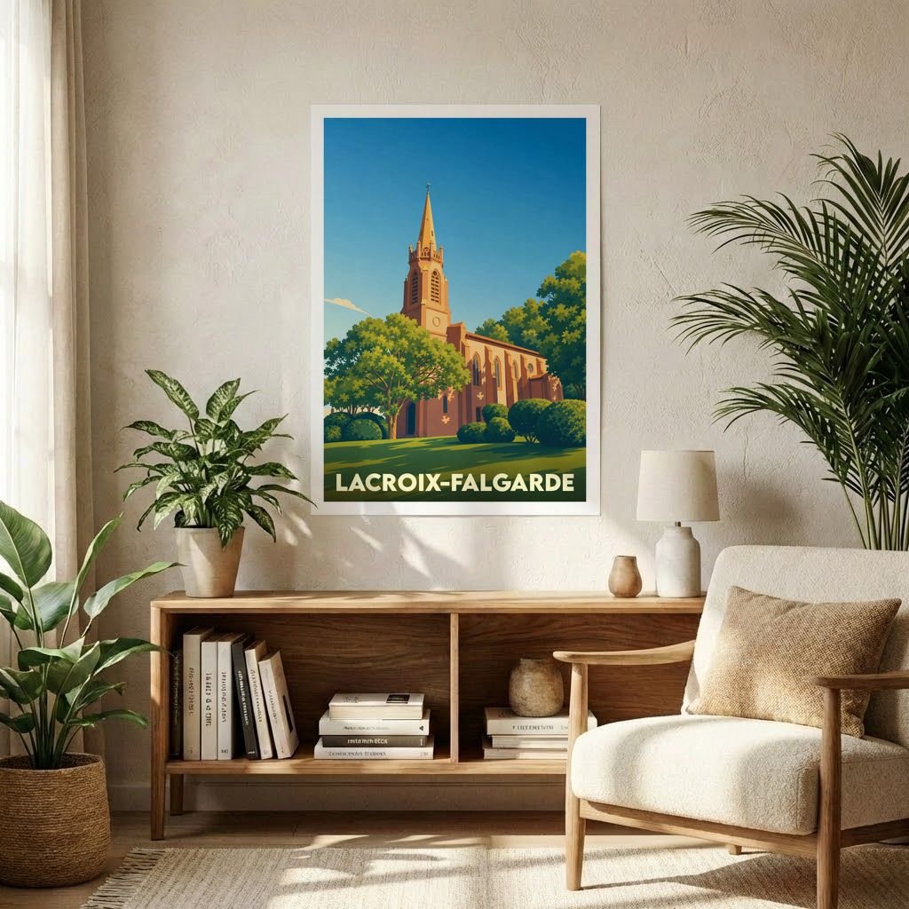 Affiche souvenir de la ville de Lacroix-Falgarde illustrant une église dans un style graphique épuré.