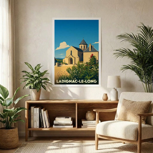 Affiche souvenir de la ville de Ladignac-le-Long avec une illustration stylisée de son église.