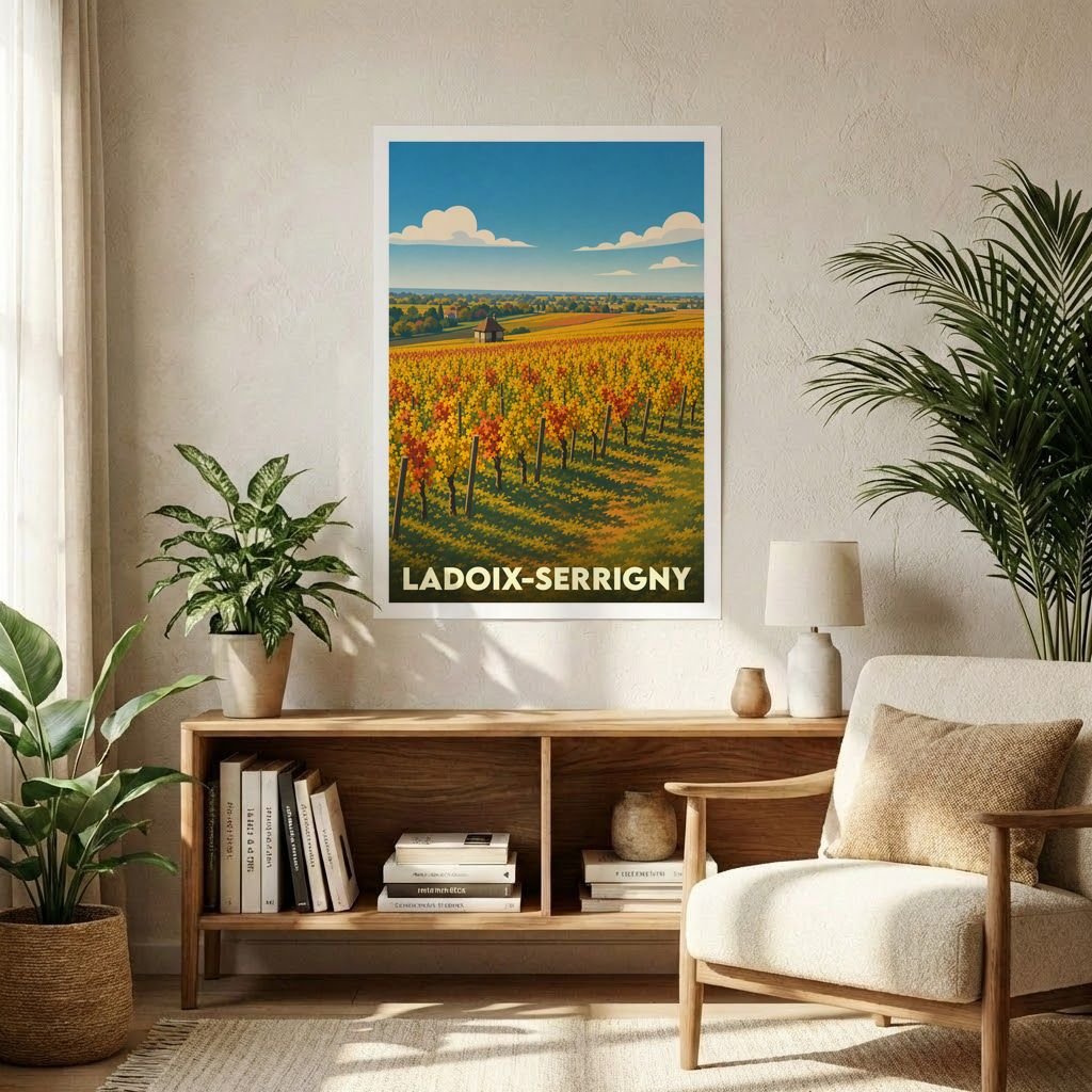 Affiche souvenir de la ville de Ladoix-Serrigny représentant une illustration stylisée de ses vignobles en automne.