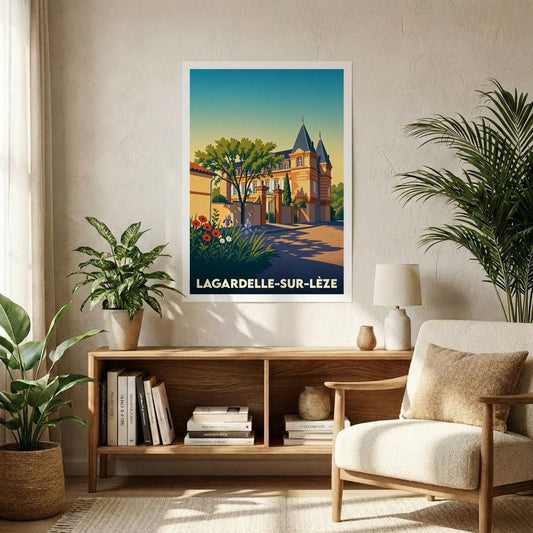 Affiche souvenir de la ville de Lagardelle-sur-Lèze avec une illustration stylisée d'un château ensoleillé.