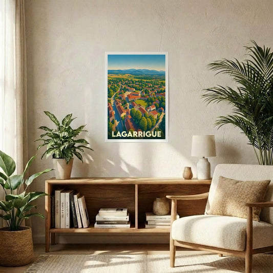 Affiche souvenir de la ville de Lagarrigue avec une illustration stylisée.