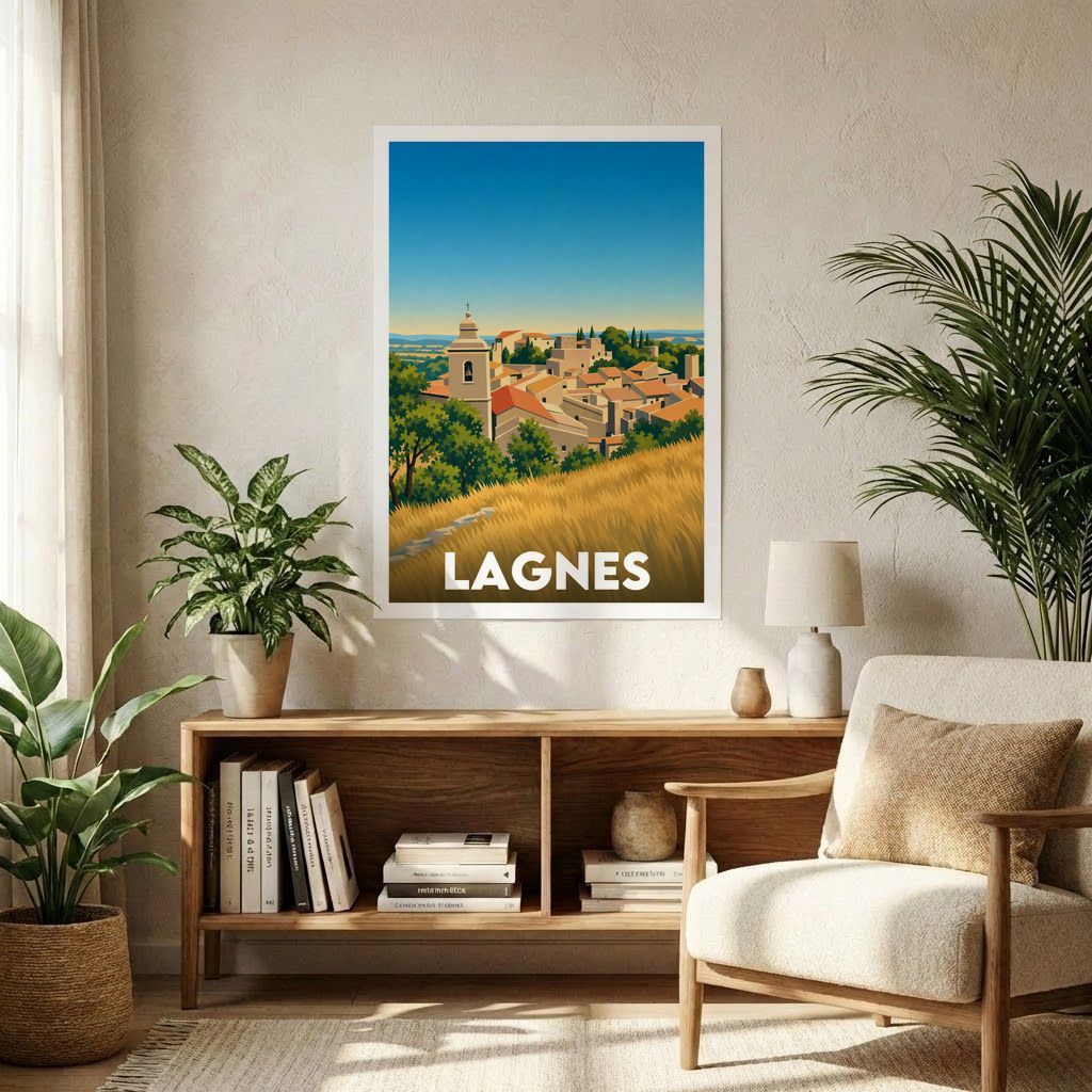 Affiche souvenir de la ville de Lagnes avec une illustration stylisée.