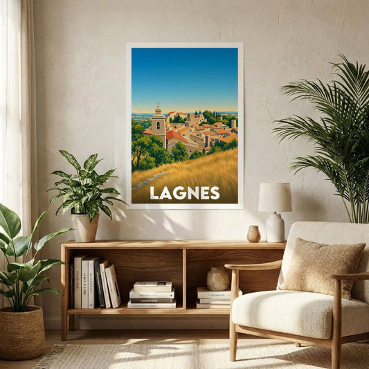 Affiche souvenir de la ville de Lagnes avec une illustration stylisée.