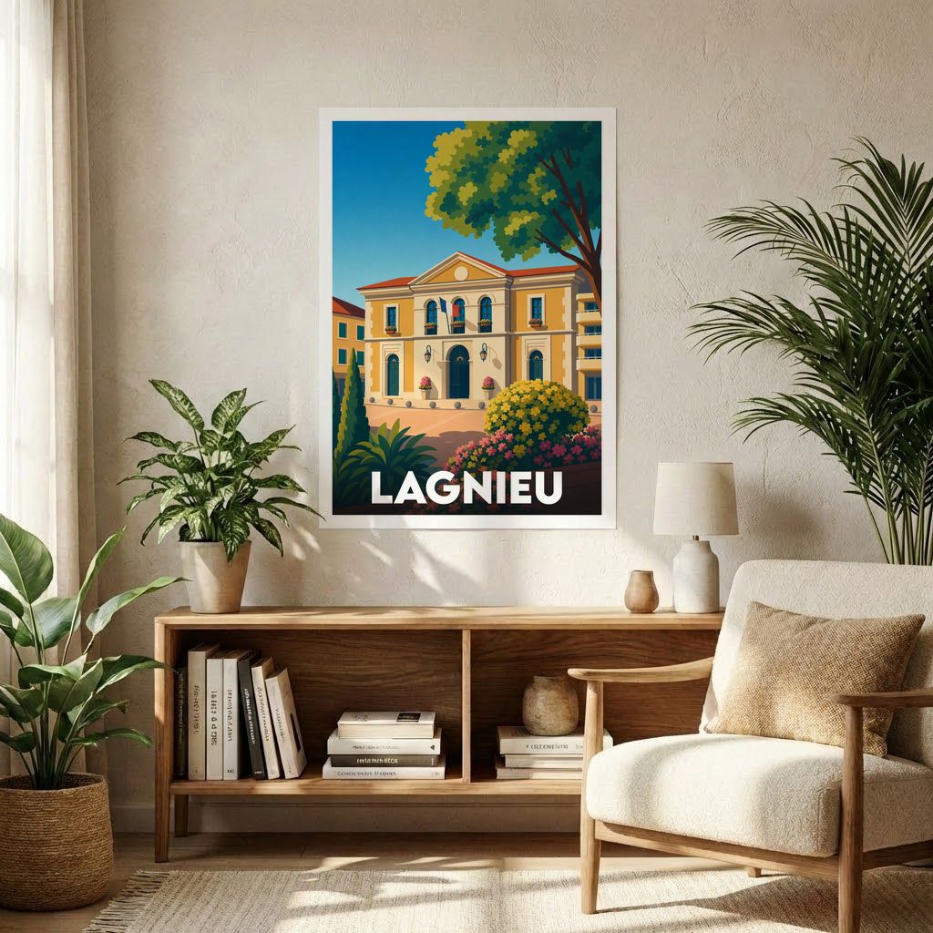 Affiche souvenir de la ville de Lagnieu avec une illustration stylisée et colorée de l'hôtel de ville.
