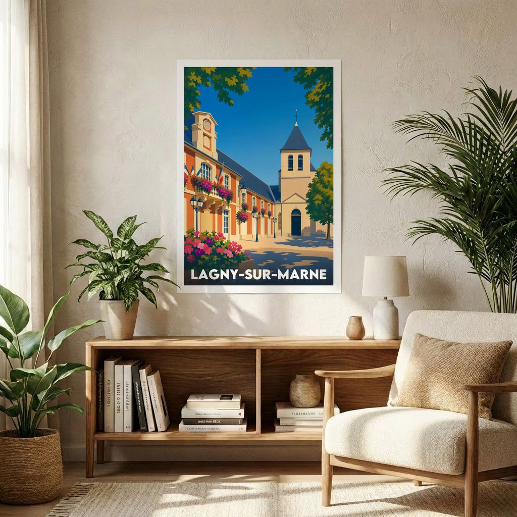 Affiche souvenir de la ville de Lagny-sur-Marne avec une illustration stylisée.