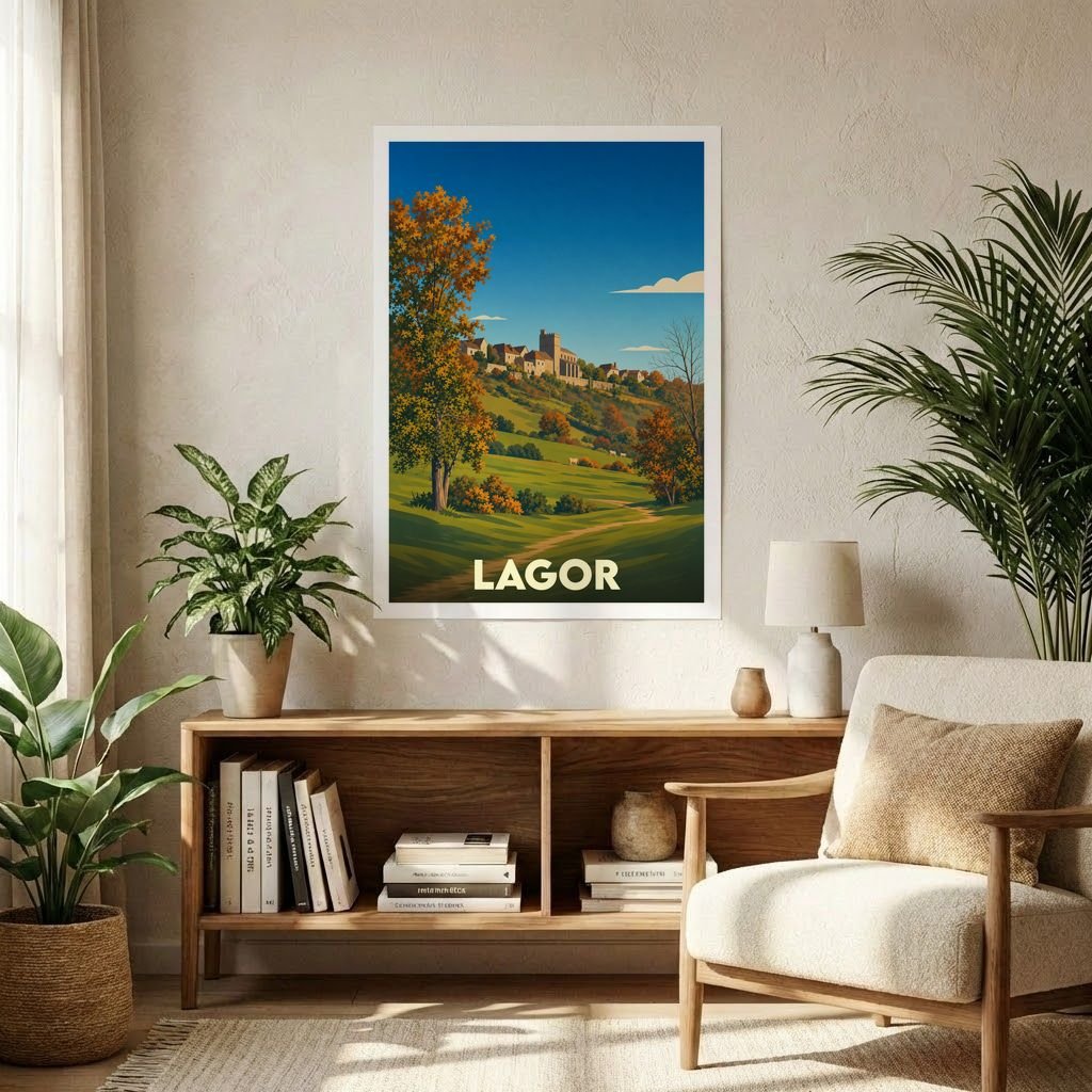 Affiche souvenir de la ville de Lagor présentant une illustration stylisée de son paysage vallonné en automne.