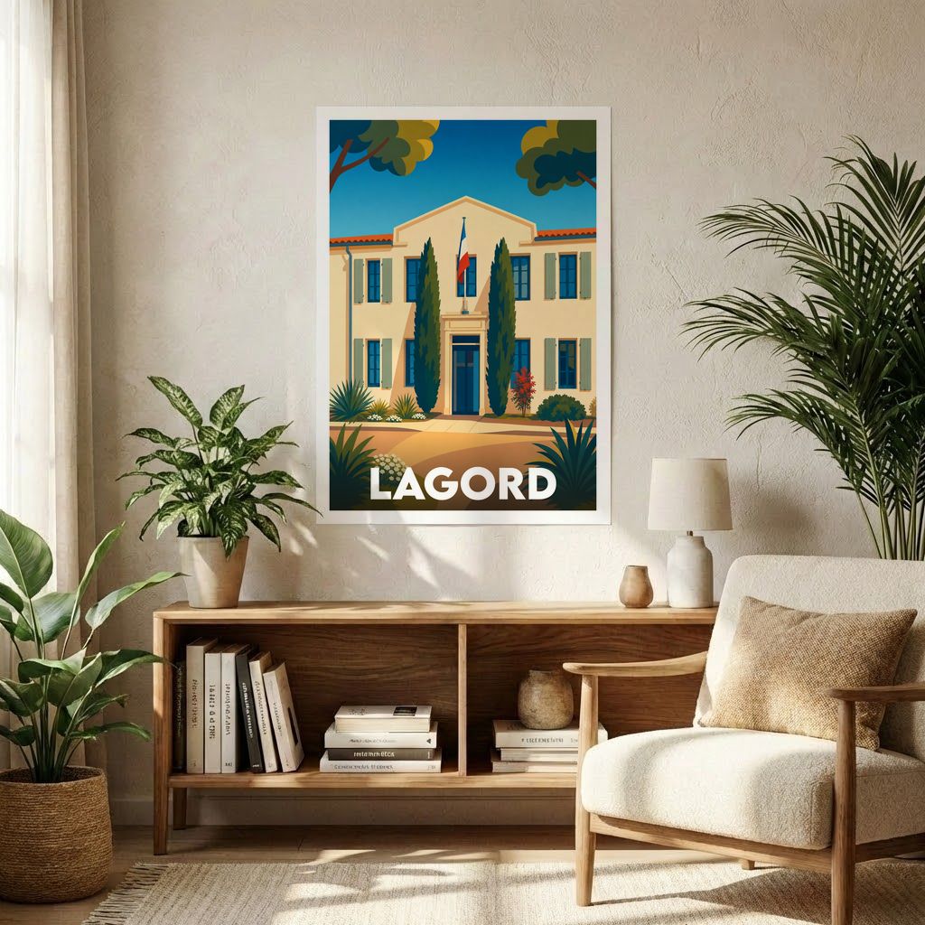 Affiche souvenir de la ville de Lagord présentant une illustration stylisée de sa mairie sous un ciel bleu ensoleillé.