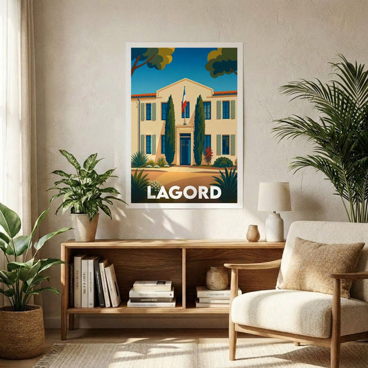Affiche souvenir de la ville de Lagord présentant une illustration stylisée de sa mairie sous un ciel bleu ensoleillé.