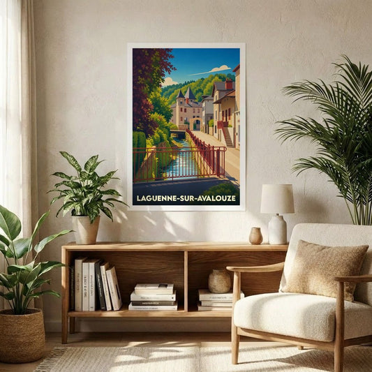 Affiche souvenir de la ville de Laguenne-sur-Avalouze avec une illustration stylisée d'un cours d'eau urbain.