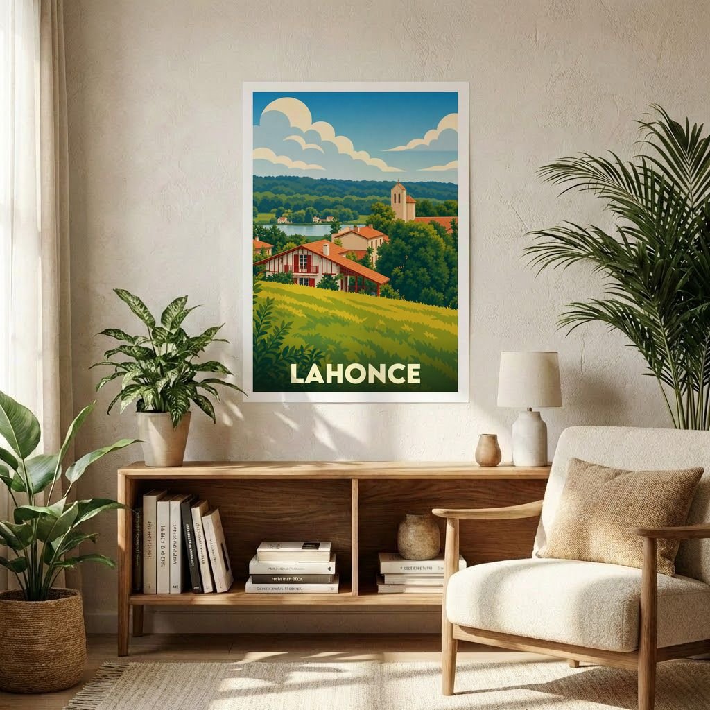 Affiche souvenir de la ville de Lahonce présentant une illustration stylisée d'un paysage basque verdoyant.