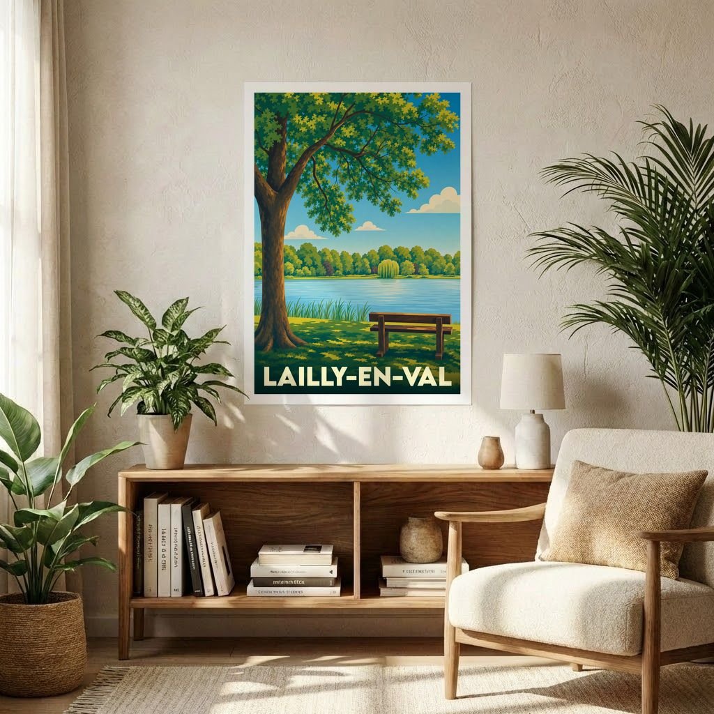 Affiche souvenir de la ville de Lailly-en-Val représentant une illustration stylisée d'un paysage de bord de Loire avec un banc sous un arbre.
