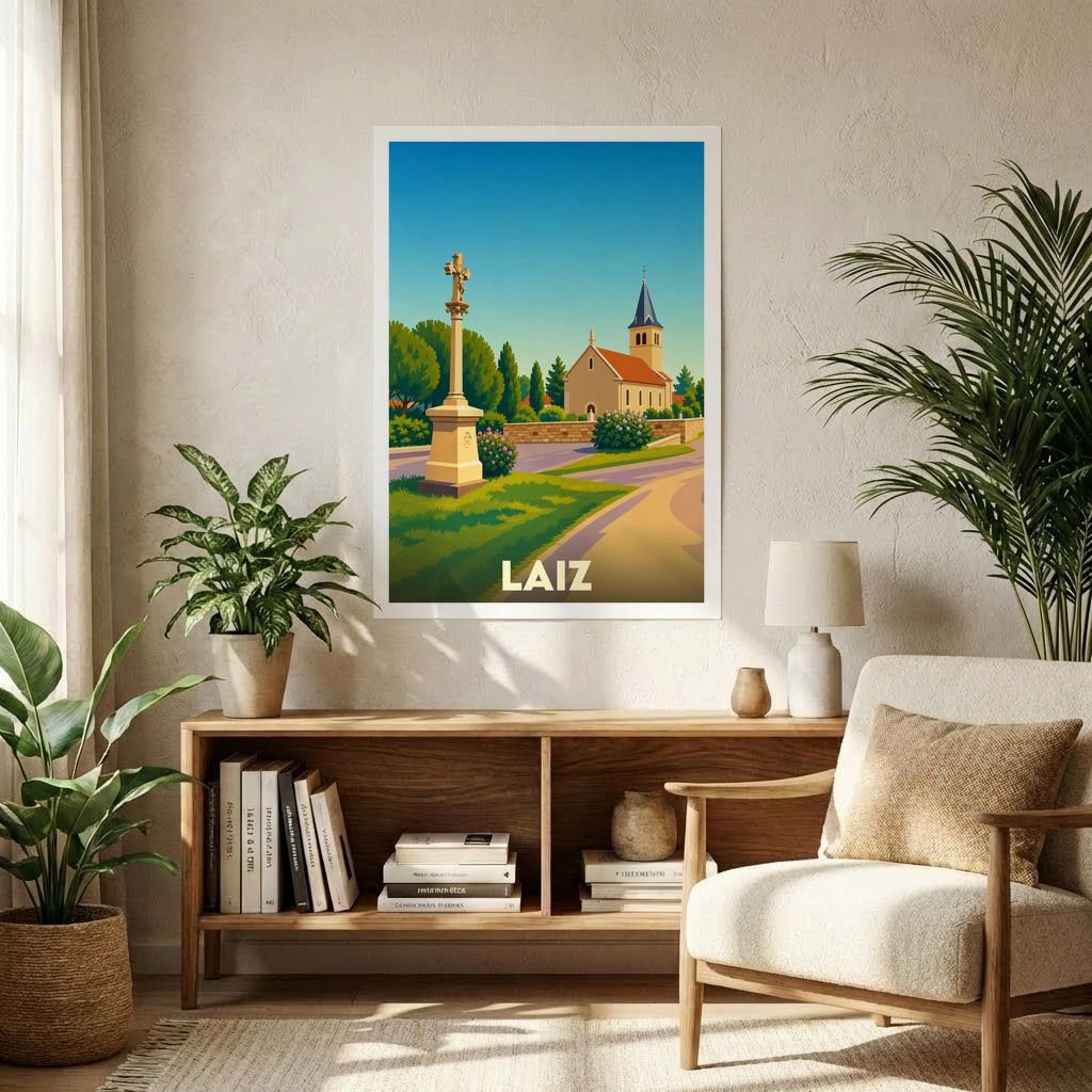 Affiche souvenir de la ville de Laiz avec une illustration stylisée.