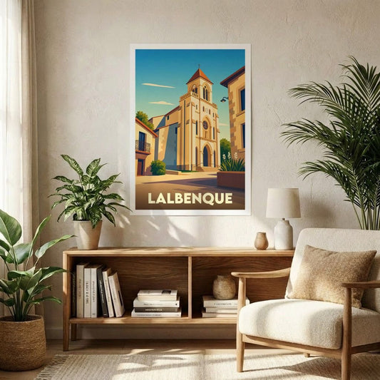 Affiche souvenir de la ville de Lalbenque représentant son église dans un style graphique rétro.