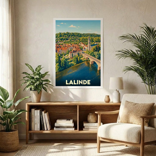 Affiche souvenir de la ville de Lalinde avec une illustration stylisée d'un paysage fluvial.