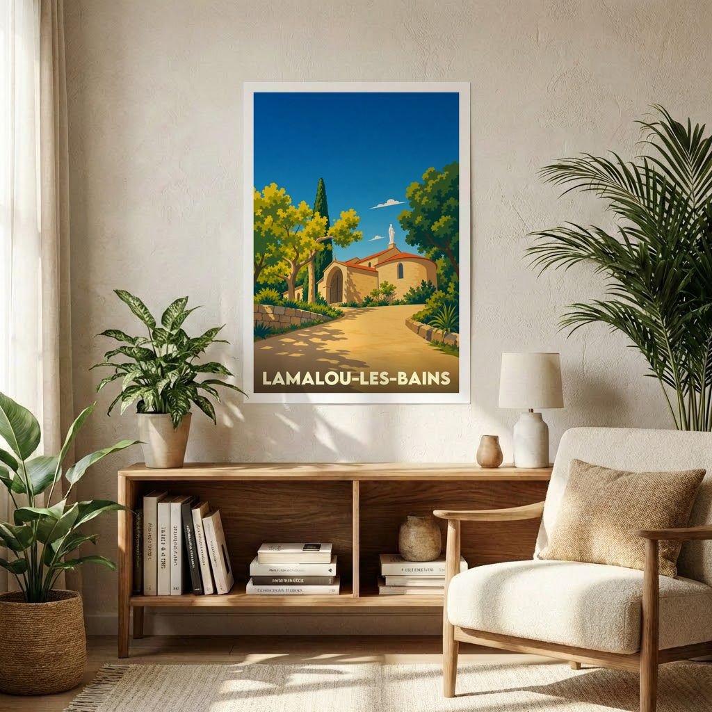 Affiche souvenir de la ville de Lamalou-les-Bains avec une illustration stylisée d'un paysage ensoleillé.