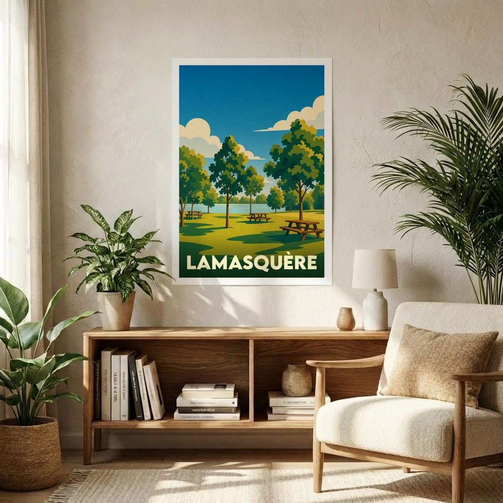 Affiche souvenir de la ville de Lamasquère représentant un parc arboré au bord de l'eau avec une illustration stylisée.