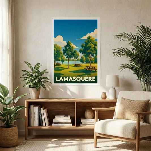 Affiche souvenir de la ville de Lamasquère représentant un parc arboré au bord de l'eau avec une illustration stylisée.