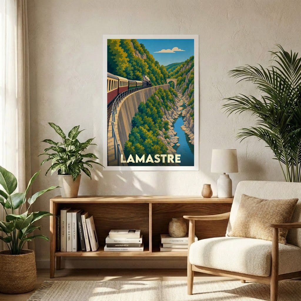 Affiche souvenir de la ville de Lamastre représentant un train circulant dans des gorges escarpées.
