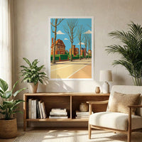 Affiche souvenir de la ville de Lambersart avec une illustration stylisée représentant ses villas et ses arbres.