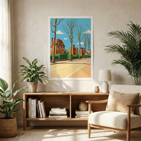 Affiche souvenir de la ville de Lambersart avec une illustration stylisée représentant ses villas et ses arbres.