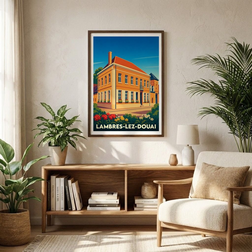 Affiche souvenir de la ville de Lambres-lez-Douai avec une illustration stylisée de sa mairie.