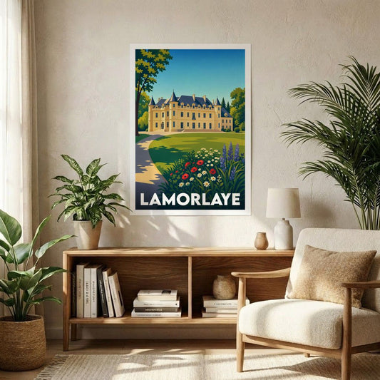 Affiche souvenir de la ville de Lamorlaye représentant son château et son parc dans un style vintage coloré.