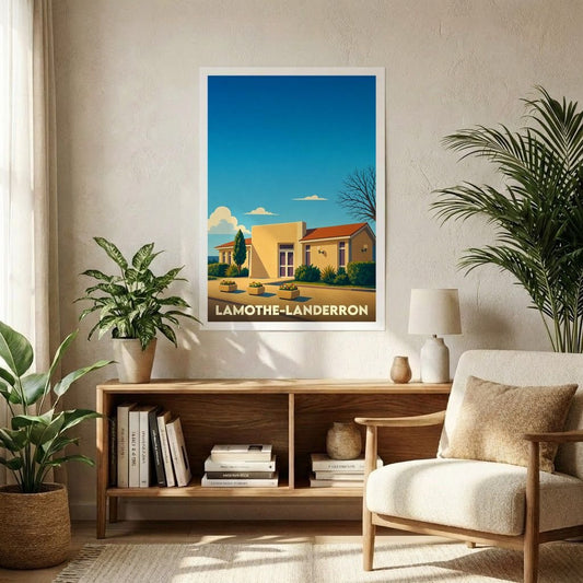 Affiche souvenir de la ville de Lamothe-Landerron avec une illustration stylisée d'un bâtiment sous un ciel bleu.