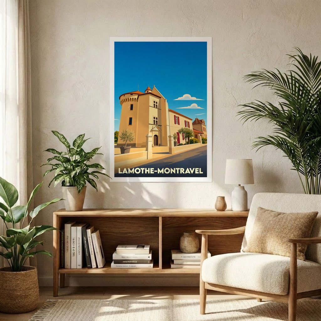 Affiche souvenir de la ville de Lamothe-Montravel représentant une bâtisse historique sous un ciel bleu azur.