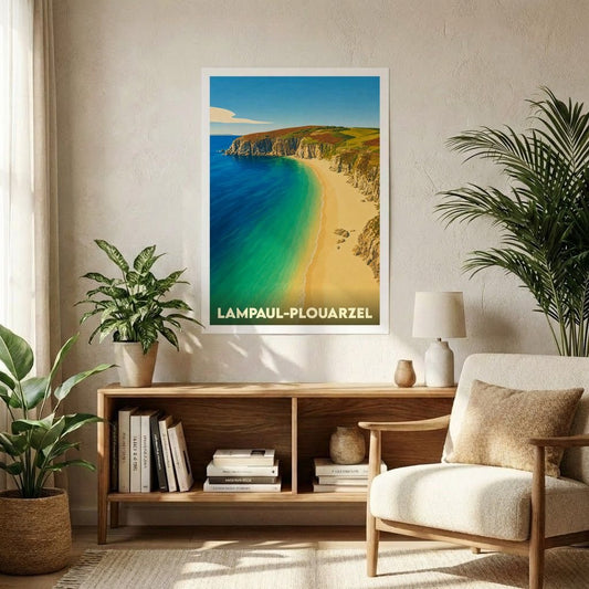 Affiche souvenir de la ville de Lampaul-Plouarzel avec une illustration stylisée de son littoral.