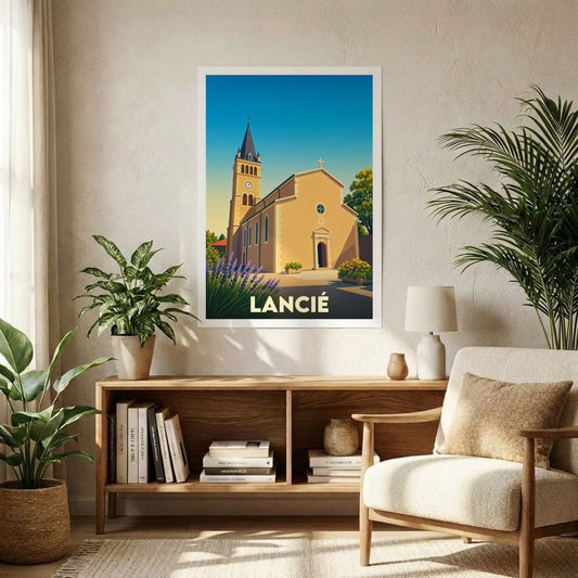 Affiche souvenir de la ville de Lancié représentant son église dans un style graphique épuré et coloré.