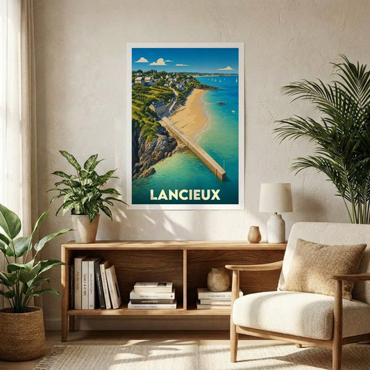 Affiche souvenir de la ville de Lancieux avec une illustration de bord de mer stylisée.
